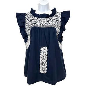 J.Marie navy embroidered top Womens Medium cotton ruffles
Summer Resortwear